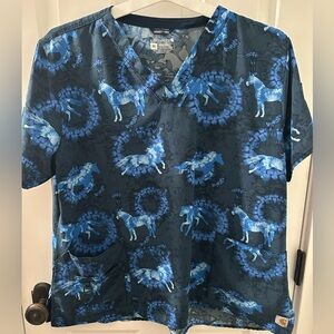 Carhartt Women’s Force Blue V-Neck Scrub Top with Horse Pattern 2XL Modern Fit